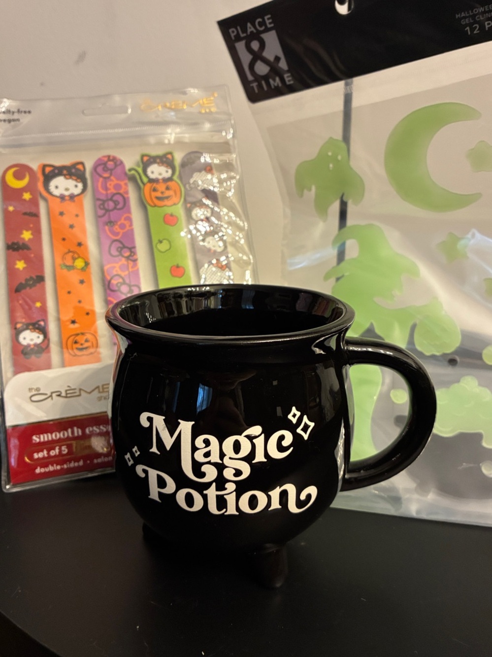 Halloween Green Glow Witch Clings, Cauldron Mug, & Hello Kitty Nail Files